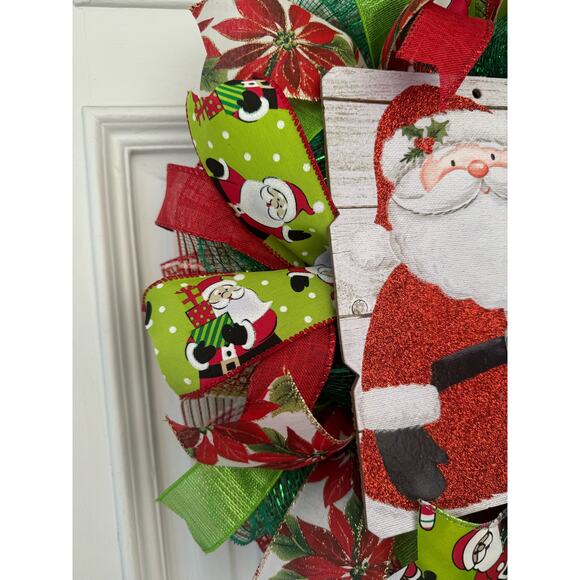 Handmade Santa Christmas Wreath Happy Holidays Sign Red Green White Ribbons xxx - Picture 5 of 7